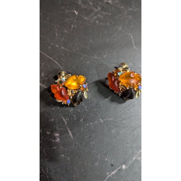 Vintage Lisner Clip-On Earrings Orange  Black Leaf Gold-Tone  Rhinestones MCM - Picture 8 of 8